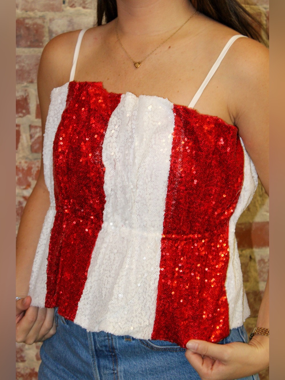 Peach Love California Red and White Sequin Color Block Cami Top